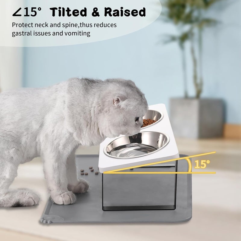 Summark Upgraded Elevated Cat Bowls with Food Mat,15°Tilted Stand Anti Vomiting Raised Cat Dishes for Food and Water,2 Stainless Steel Bowls for Cats and Puppy（White） - Image 4